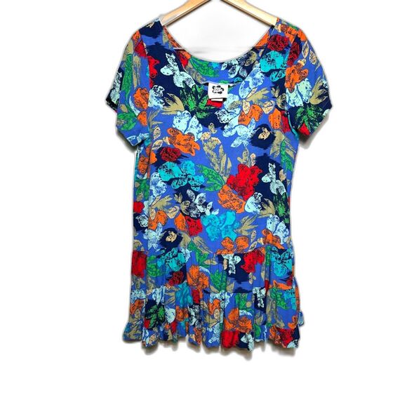 Hilo Hattie Dress Women's Large Blue Floral Hawaiian Print Tunic Mini Drop Waist - Picture 1 of 4